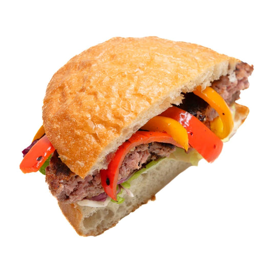 Bun classico PizzaLab senza lattosio e vegan friendly, farcito con hamburger e peperoni grigliati