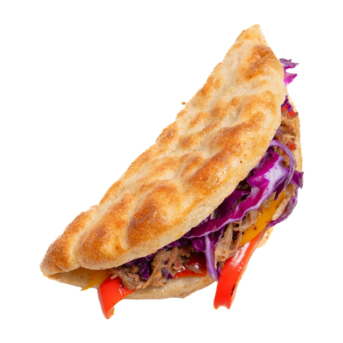 Tacos di pizza farciti con pulled pork, cavolo viola e peperoni arrostiti